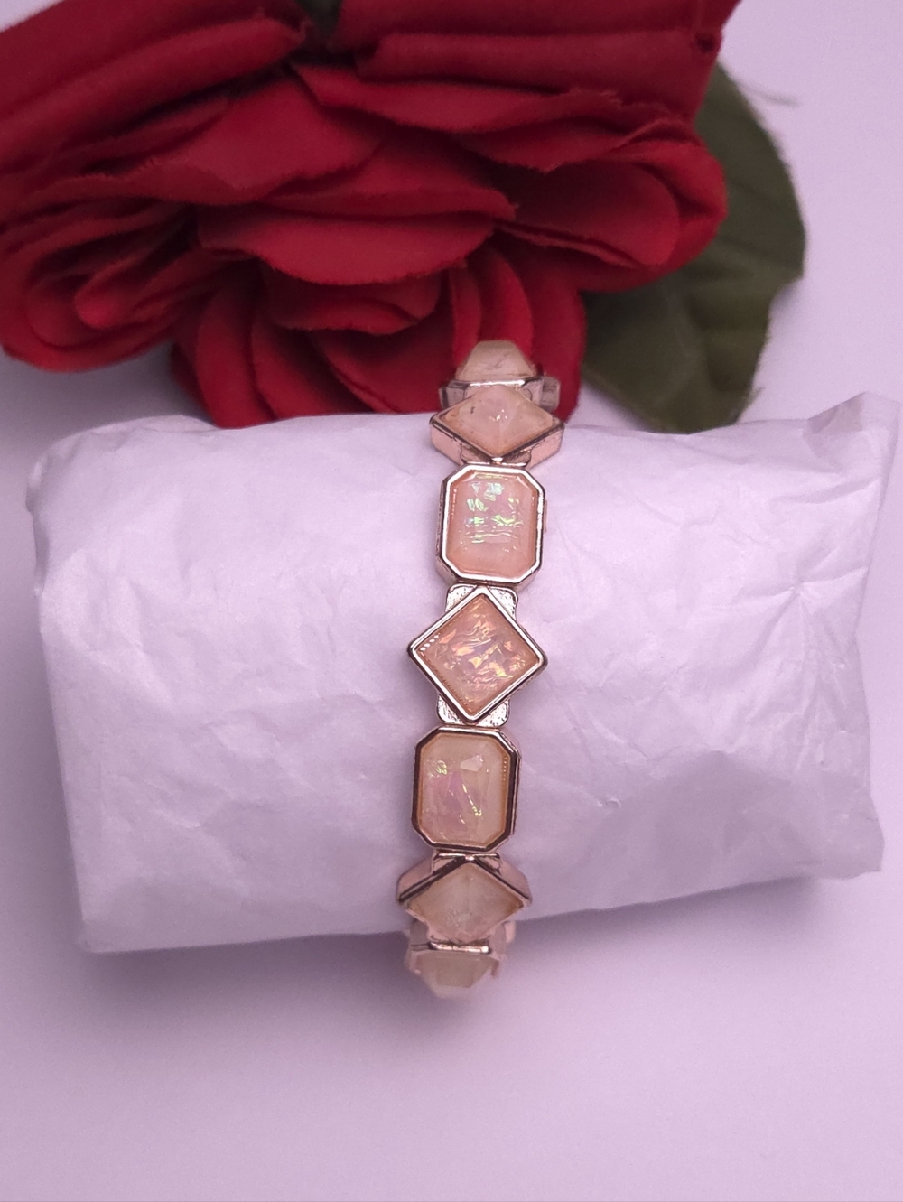 Rose Gold Tone Geometric Fuax Opal Stretch Bracelet